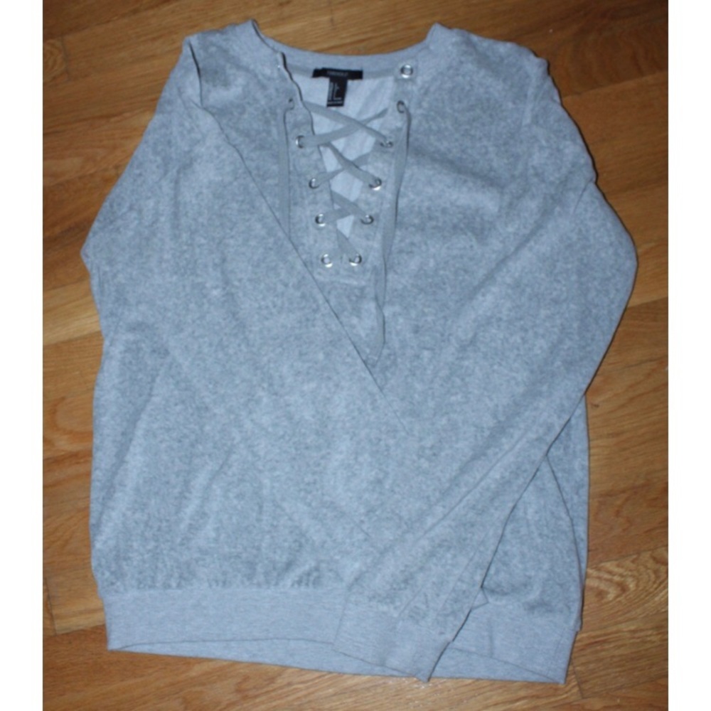 warm grey lace tie up sweater
